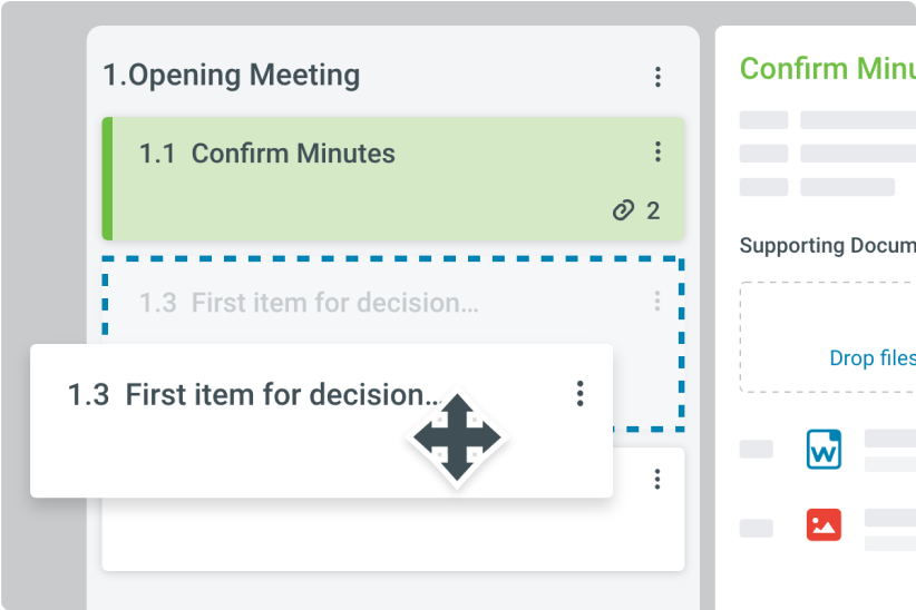 Dragging an agenda item from further down the agenda to drop it at the top of the board meeting agenda