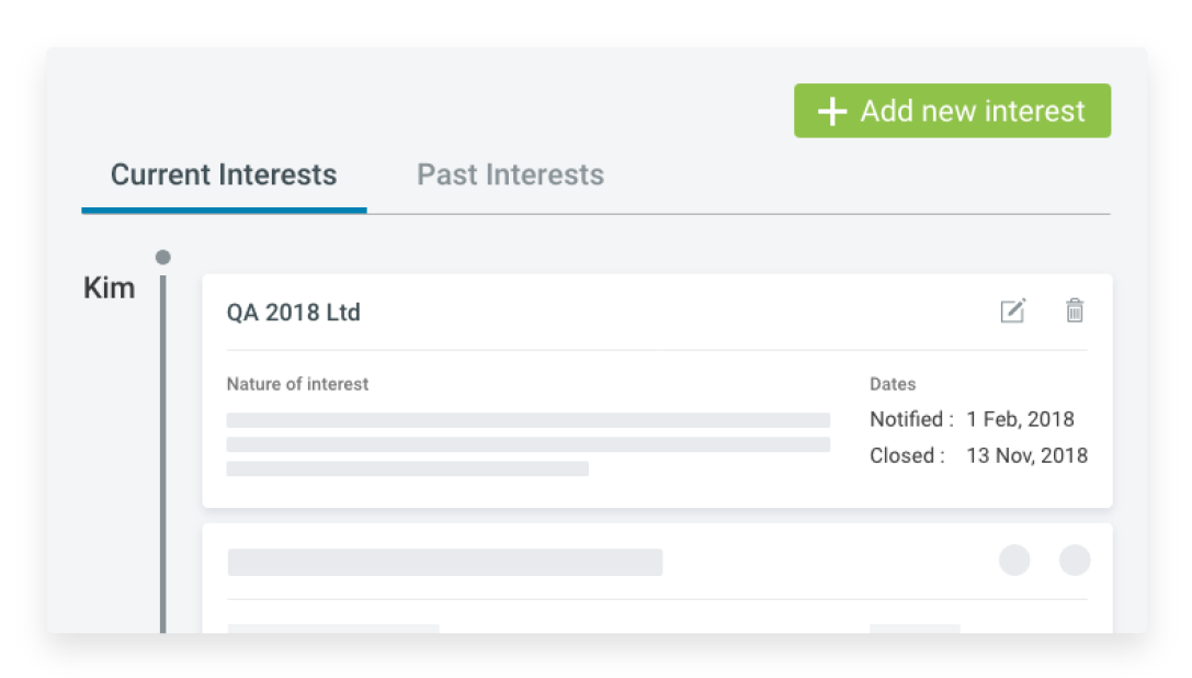 An interest register showing the currents interests and a button to add a new interest