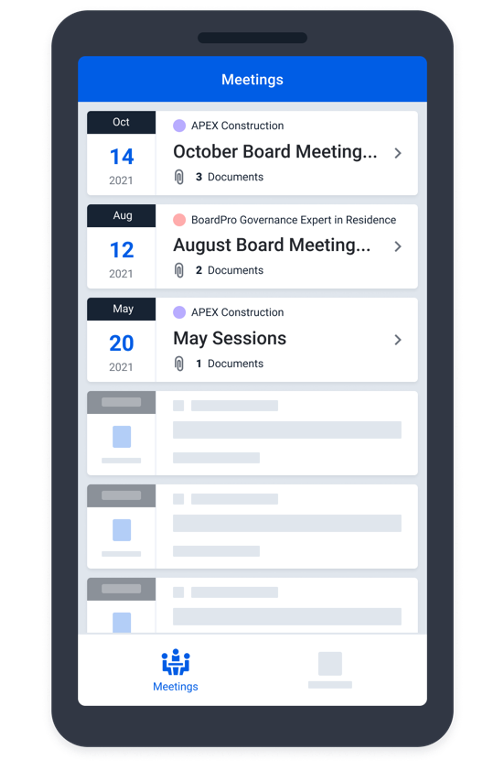 A list of meetings in BoardPro on a mobile phone