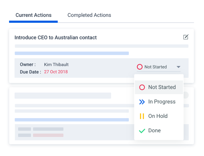 The action list showing the current actions for your board of directors with the option to switch to the completed actions 