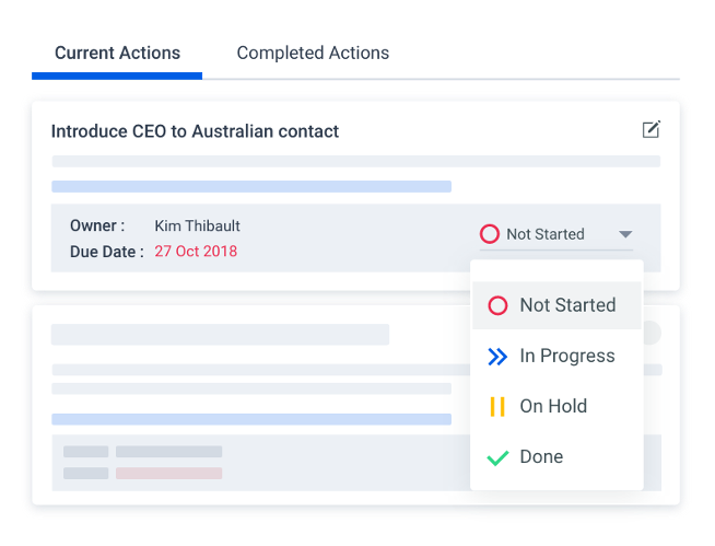 The action list showing the current action of the board with a tab to switch and view the completed actions