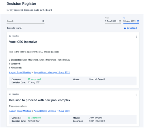 A decision register showing a vote for the CEO's incentive