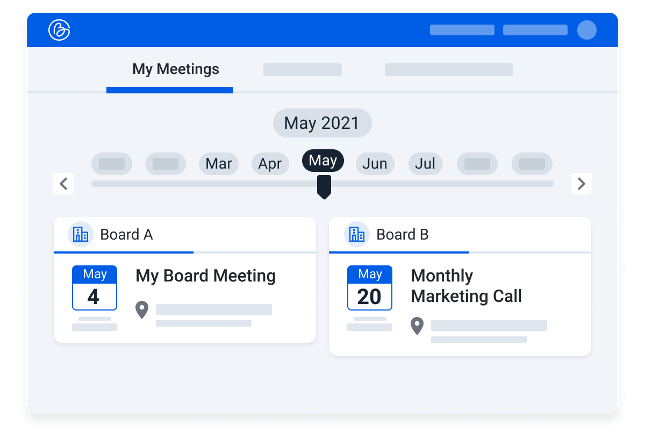 A calendar view in BoardPro showing my meetings in may