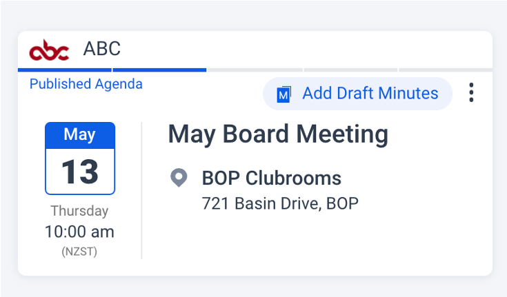 A meeting in BoardPro showing a blue bar indicating that two steps out of five have been completed for the meeting cycle