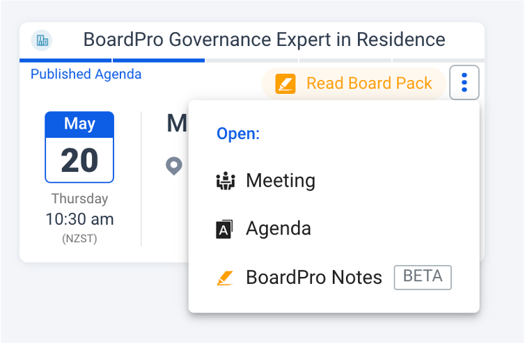 Opening the menu for a meeting in BoardPro with the options to open the meeting, agenda, or BoardPro Notes for the board pack