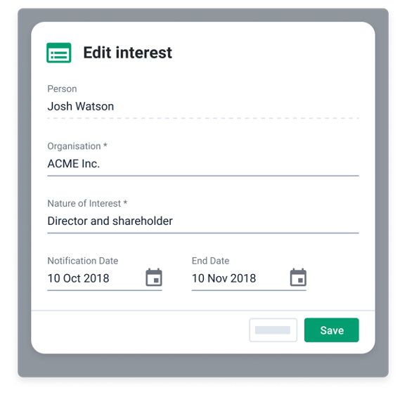 Editing and interest to write the person's name, organisation and nature of the interest