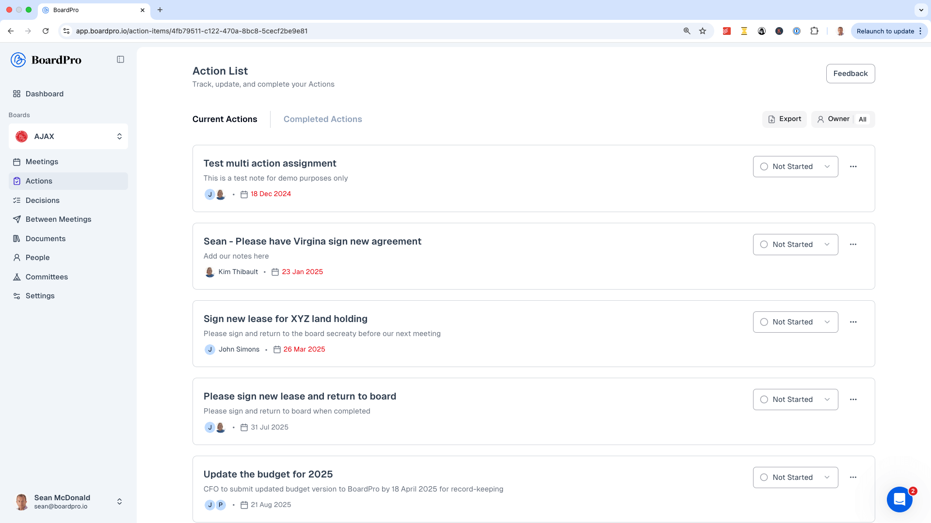 Actions list BoardPro