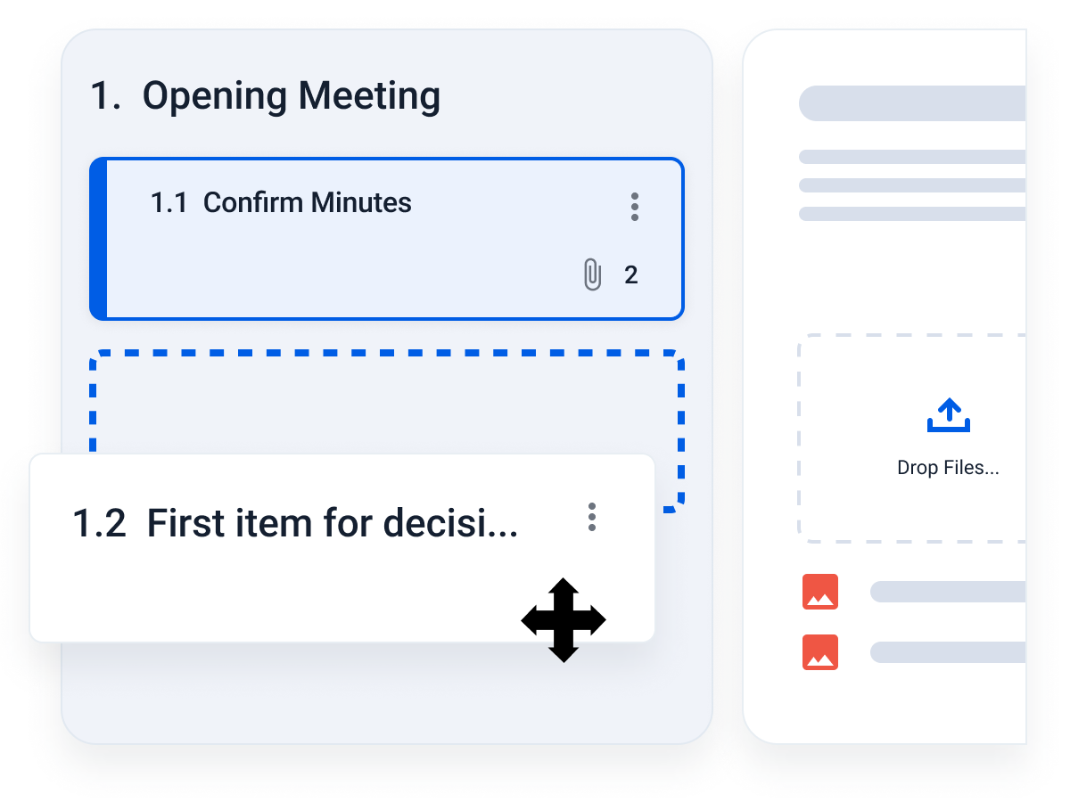 Dragging an agenda item from further down the agenda to drop it at the top of the board meeting agenda 