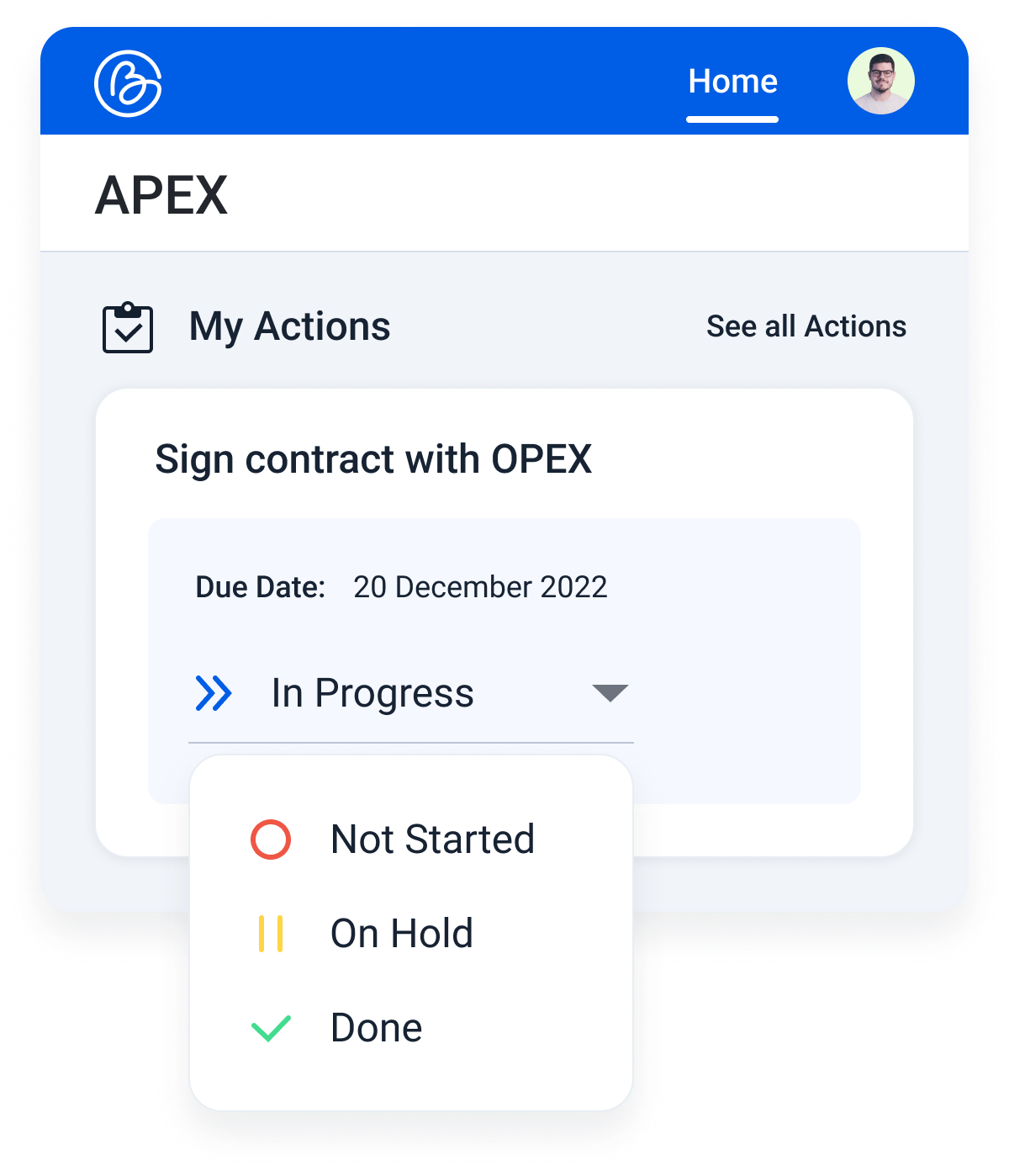 Updating the status for an action using a drop down menu to change its progress