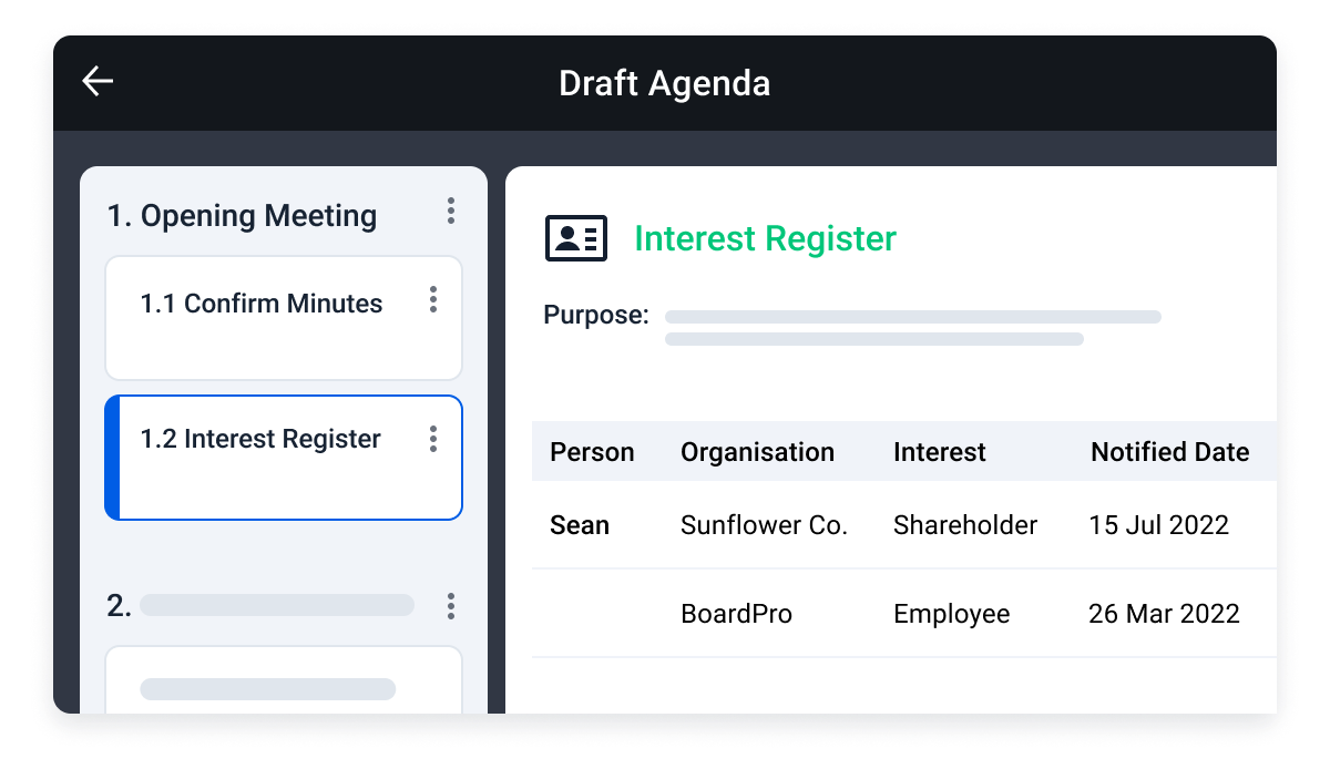 Add the integrated agenda item for your interest register so that the information is included in your board meetings