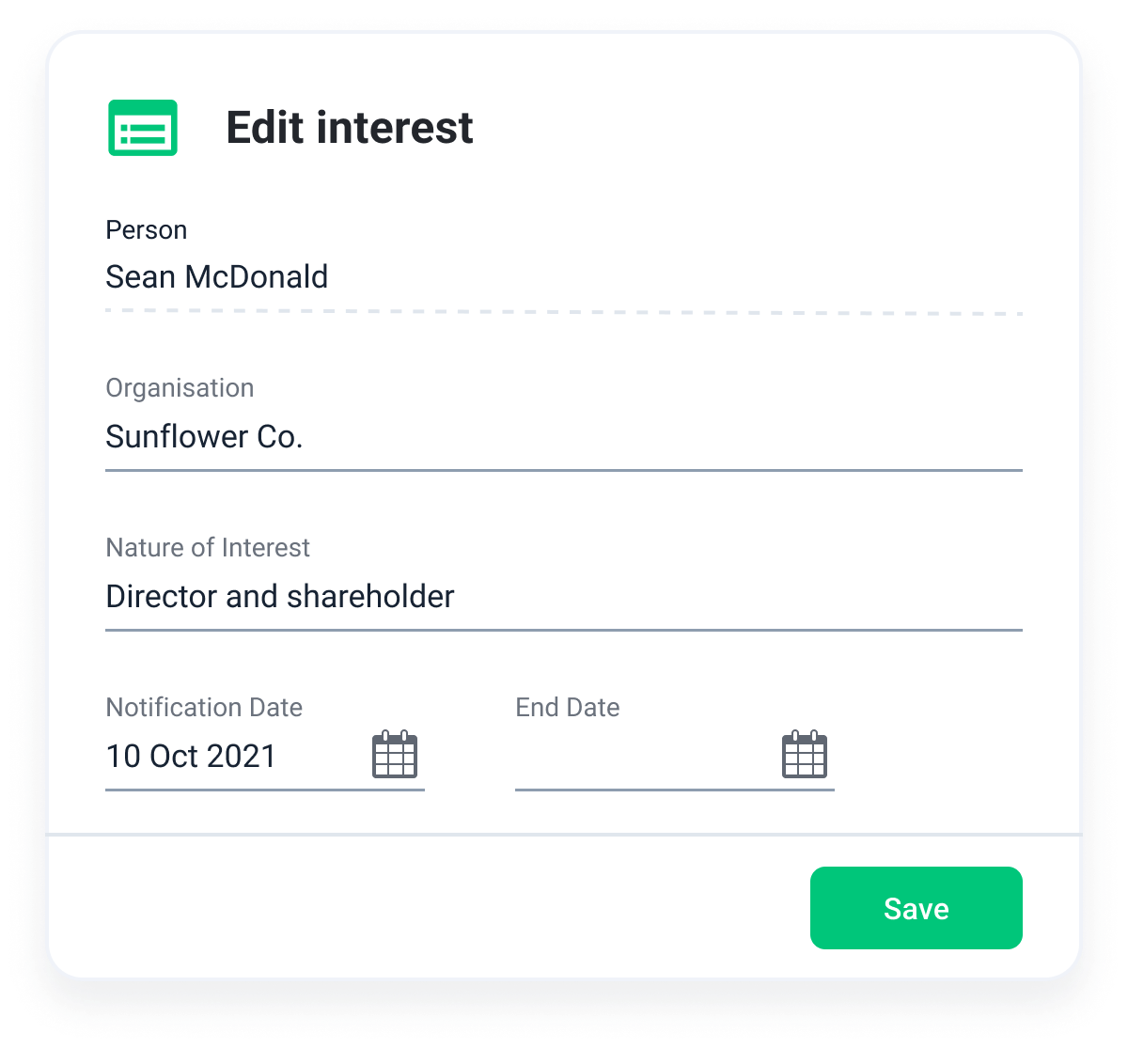 Editing an interest to write the person's name, organisation and nature of the interest