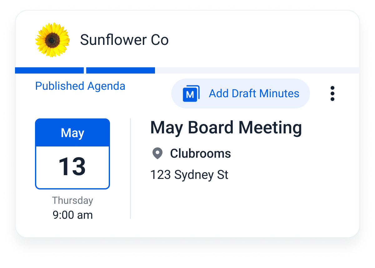 A meeting card showing a blue progress bar for the May board meeting that is in its published agenda stage 