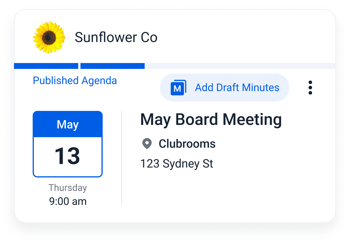 A meeting card showing a blue progress bar for the May board meeting that is in its published agenda stage