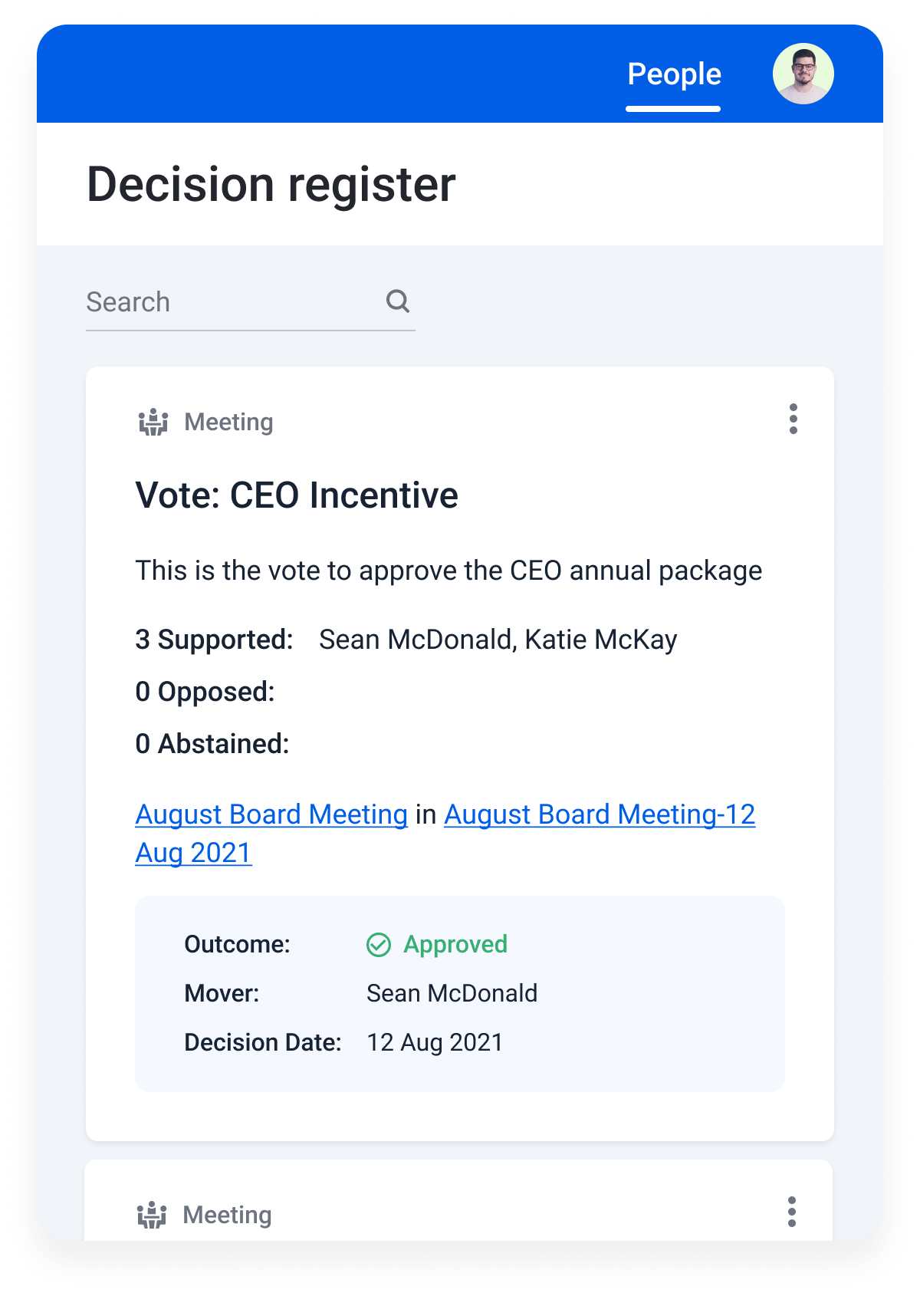 A decision register showing some recently approved board votes made at a meeting