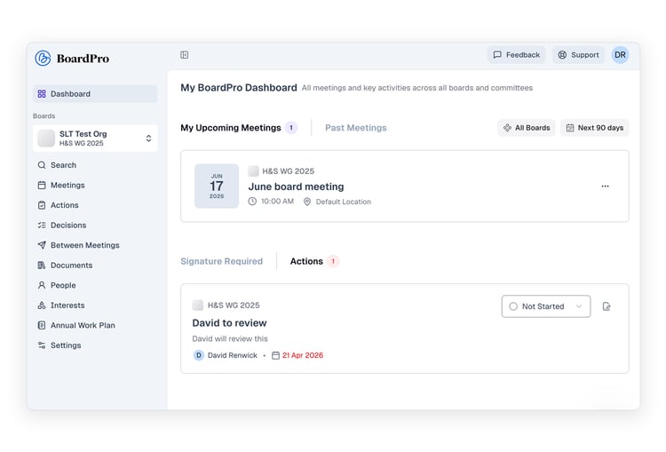 My BoardPro dashboard showing meeting list