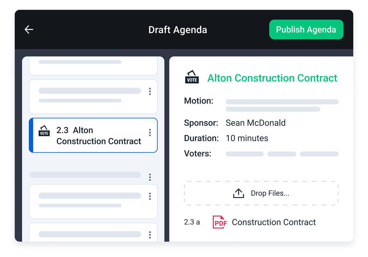 A meeting agenda in BoardPro showing the set up for a vote for a construction contract 