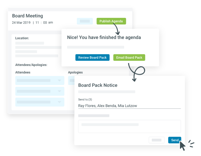 Showing the workflow of publishing the agenda to emailing the board pack notice to the board of directors