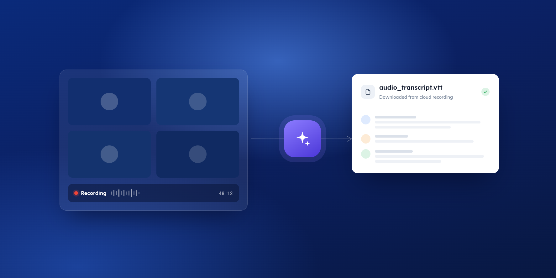 Illustration on a blue gradient background showing a video call with four participants being recorded, its transcript file downloaded, and the transcript opened in BoardPro.
