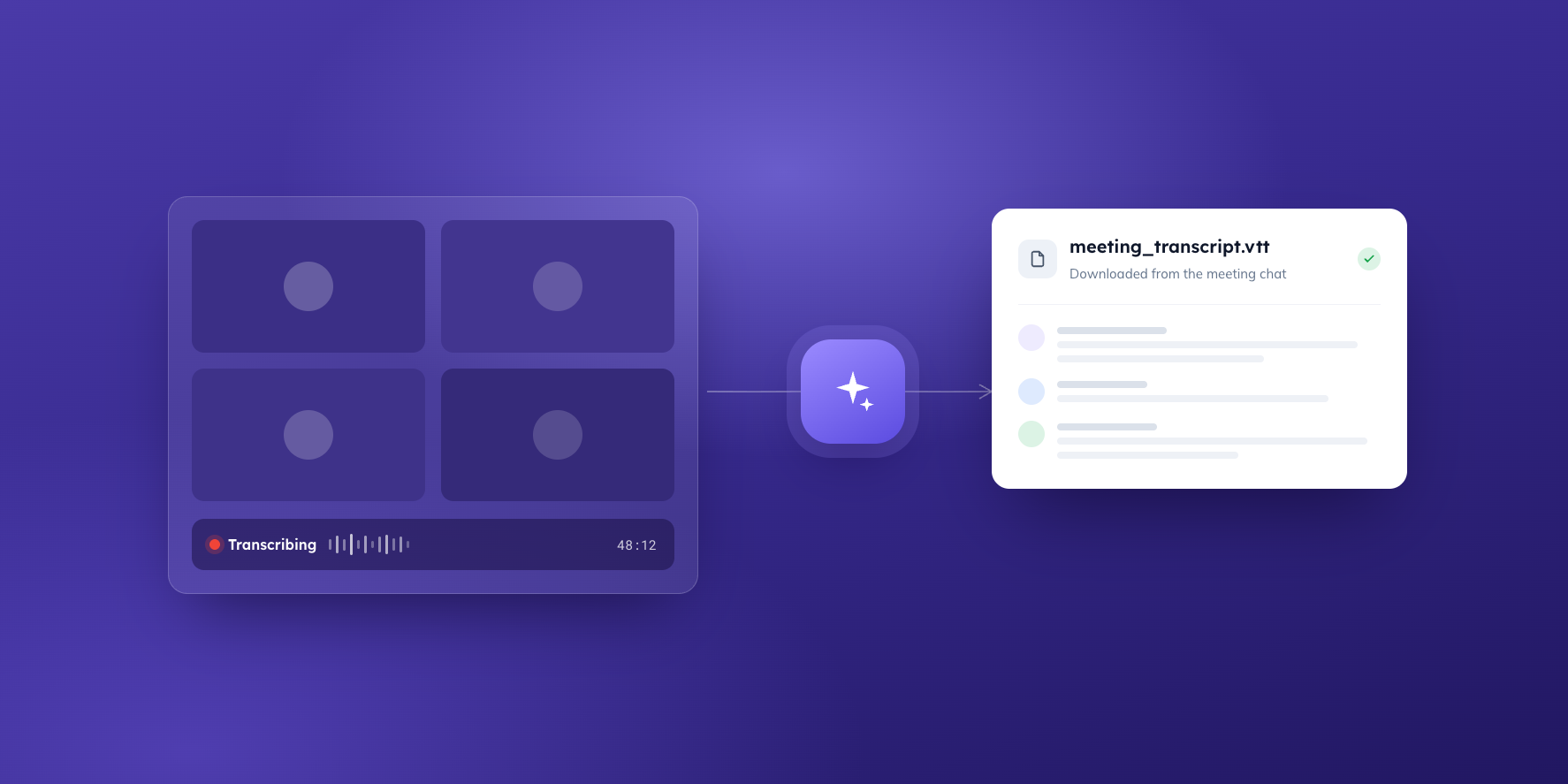 llustration on a purple gradient background showing a video meeting being transcribed, the transcript file downloaded from the meeting chat, and opened in BoardPro.